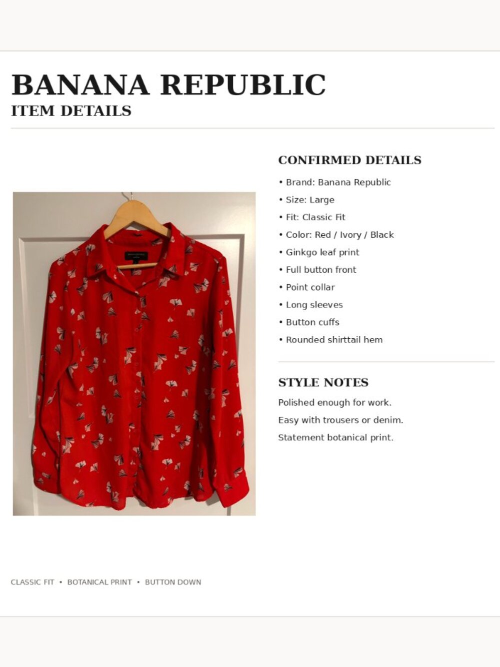 Banana Republic Red Ginkgo Leaf Print Classic Fit Button Down Blouse Size L